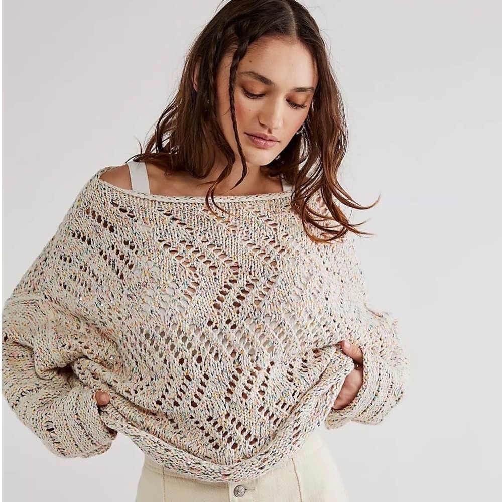 Free People Confetti Knit Cropped Sweater Cream Multi OB1466727 S/P Boxy